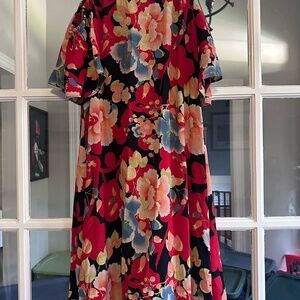 LOFT Red and Orange Midi Sundress with Flutter Sleeves